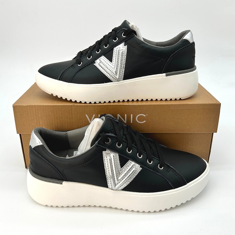 Womens Platform Sneakers Vionic Kearny Lace 2.0 Size 8 Wide Black Leather NEW